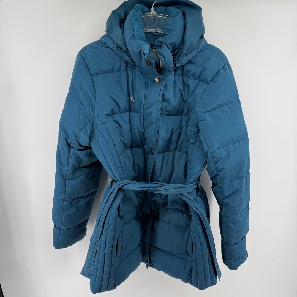Lands End Blue Down Filled Puffer Jacket Coat Belted Hooded Women's Size L 14-16